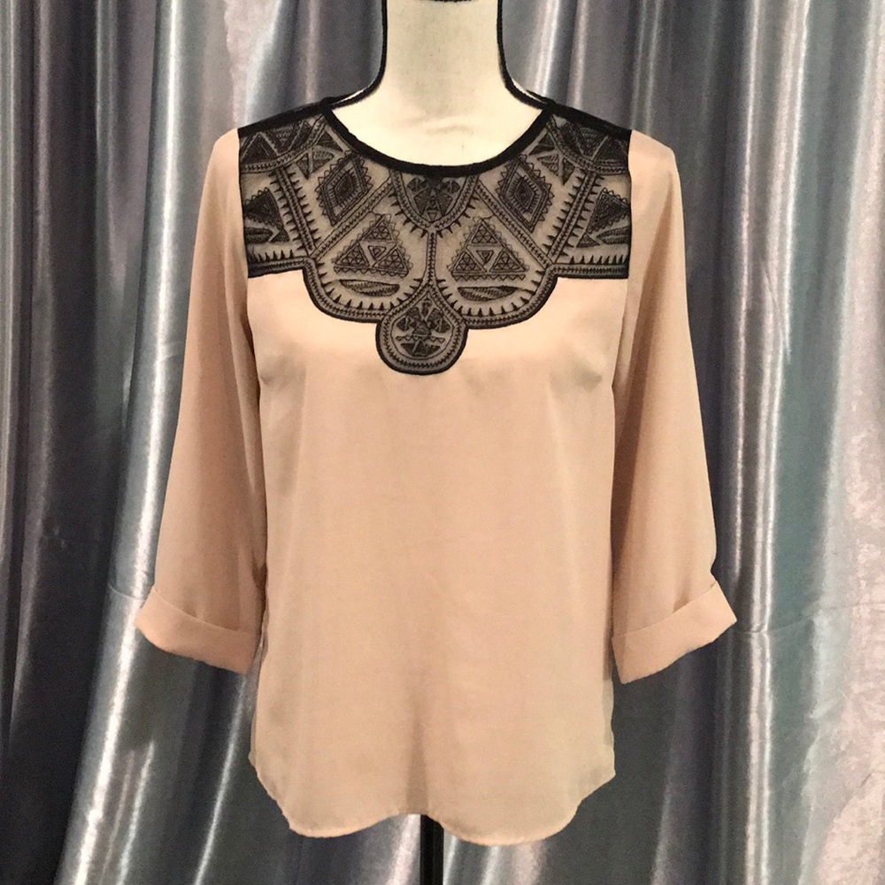 Nude and Black Patterned 3/4 Sleeve Blouse